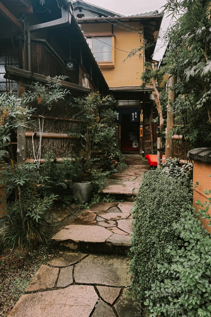 Traditional Japanese wooden temple and courtyard garden